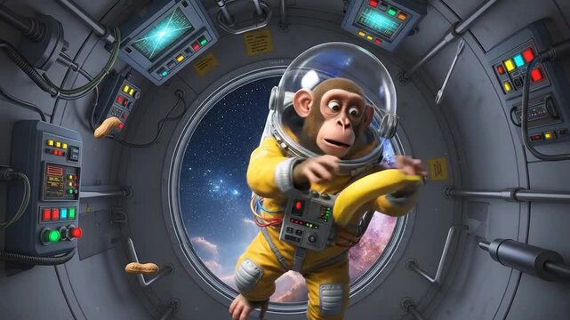 Monkey astronaut floating in a spaceship capsule
