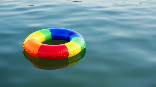 A colorful inflatable ring floats on calm water, reflecting its rainbow hues