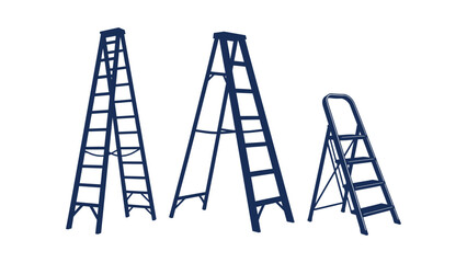 Three blue metal ladders of different sizes on a white background