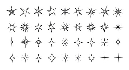 Obraz premium Set of diverse hand-drawn star and sparkle outline vector elements