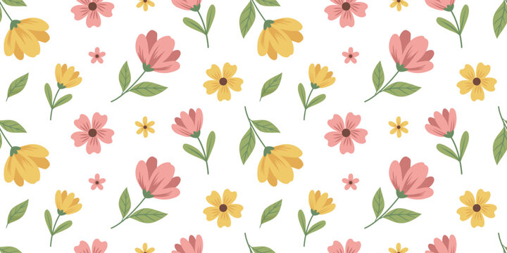 Cute spring floral seamless pattern with yellow and pink flowers. Vector nature background