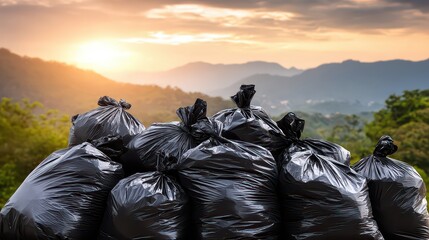 Pile of Black Trash Bags Overlooking Mountain Landscape Under Dramatic Sky at Sunset