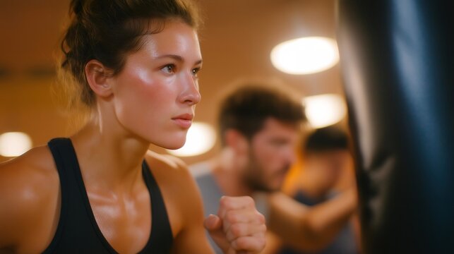 A boxing class in progress with participants focusing on the punching bag, illustrating the supportive community aspect of fitness training while enhancing their skills in a friendly and motivating