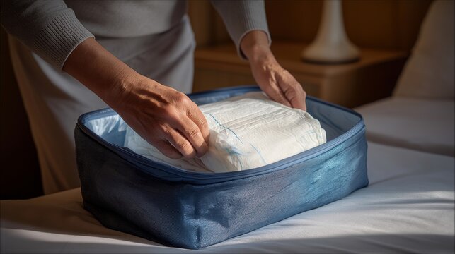 An adult diaper being placed in a discreet carrying bag, highlighting the modern design elements that allow for on-the-go convenience, making it easy for individuals to manage incontinence