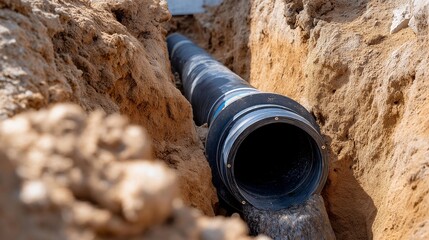 Obraz premium A dug trench in the ground reveals the meticulous installation of pipes, showcasing essential infrastructure work that highlights engineering skills and the importance of utility services for urban