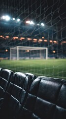 Rainy Night View of Soccer Field Through Net with Green Grass and Goalpost Focus on Sparkling Wet Black Bench Seats in Foreground