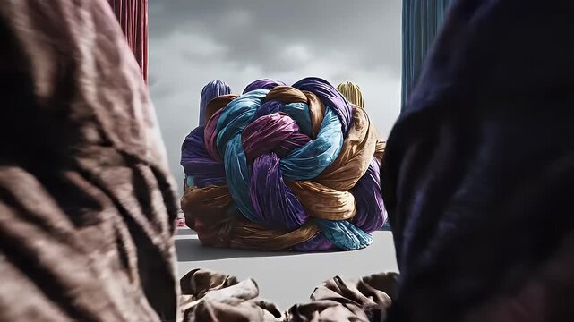 A large, tangled ball of yarn sits on a table between two curtains, with threads scattered around, against a soft, cloudy sky outside