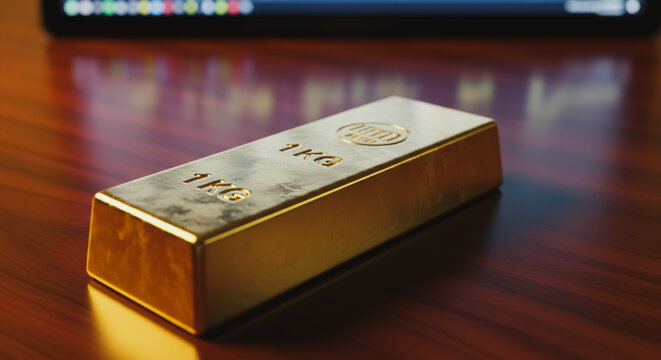 Luxurious 1 KG Gold Bar Ingot on Wooden Desk Close-up - Digital 3D Render Symbolizing Financial Investment, Precious Metal Trading, Wealth, and Global Banking.