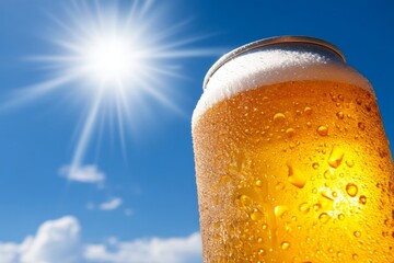 Refreshing Beverage in Bright Sunlight with Visible Condensation on Can