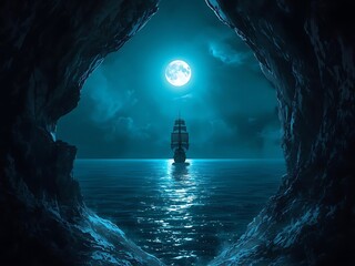 Mystical tall ship sailing under full moon through rocky cave opening on calm sea fantasy night scene