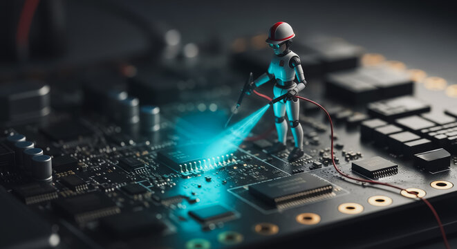 Miniature Robot Technician Repairing Microchip on Dark Circuit Board. AI Diagnostics, Robotics Maintenance, and Advanced Electronics Debugging Technology.