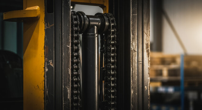 Industrial machinery detail: Close-up of heavy-duty metal roller chains, hydraulic lift cylinder, and mast mechanism of a yellow forklift in a dimly lit warehouse or factory environment