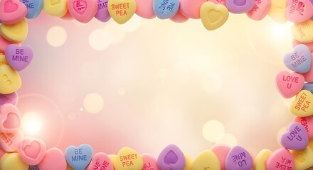 Colorful Candy Hearts Border with Soft Pink Background and Bokeh Lights
