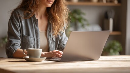 Fototapeta premium Woman using laptop at wooden table with coffee cup in cozy interior
