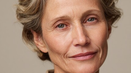 Fototapeta premium Mature woman with short hair and natural makeup against neutral background