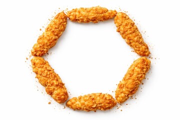 Obraz premium Fried chicken breast strips arranged as hexagon frame with empty center copy space top view flat lay high key studio photo