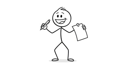 Smiling stick figure holding pen and blank paper