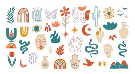 Vibrant bohemian patterns featuring tyuigf motifs unfold on a decorative canvas with abstract shapes and symbols