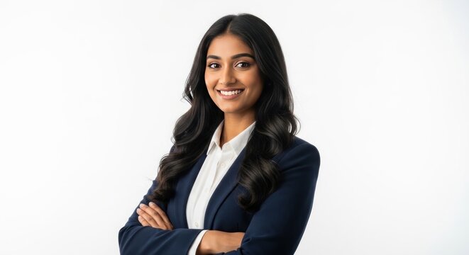 Smiling young Indian businesswoman with crossed arms on white background