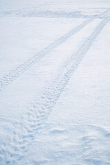 Distinct long vehicle tracks stretch across a pristine cold white winter snow and ice landscape