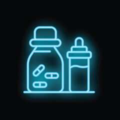 Obraz premium Neon sign showing medicine bottle with pills and water glass for taking daily prescription medication