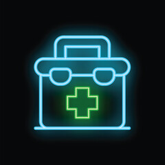 Fototapeta premium Glowing neon line first aid kit icon isolated on black background vector illustration