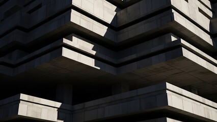 A close-up view of a modern concrete building with unique architecture