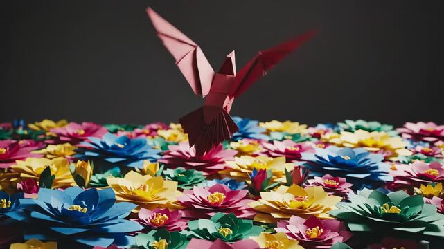 Intense studio lighting highlights a dramatic deep red paper bird ascending swiftly above a densely packed garden of vivid multicolored paper flowers flying, floral, petals