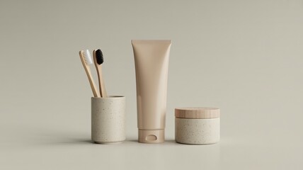 Naklejka premium Two Bamboo Toothbrushes in Speckled Holder with Cream Tube and Jar image photo
