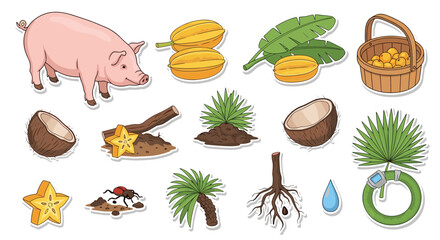 A fun and fruity sticker collection with a pig, starfruit, coconuts, a wicker basket, and other tropical farm elements.