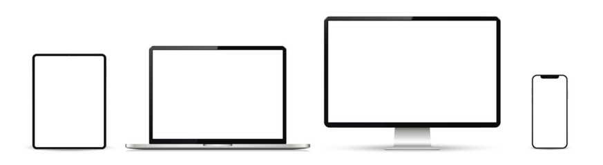 Device screen mockup. Smartphone, tablet, laptop and computer monitor with blank screen