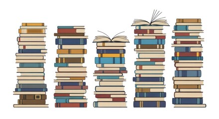 Fototapeta premium Tall colorful stacks of books with open books on top