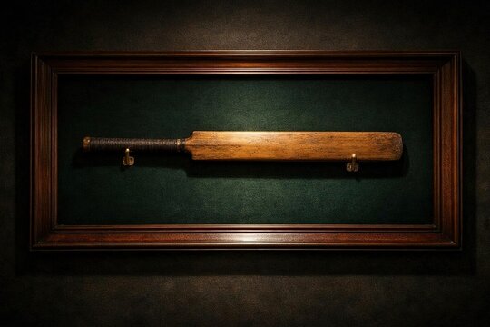 An antique cricket bat mounted on a dark green felt background inside a deep wooden shadow box frame