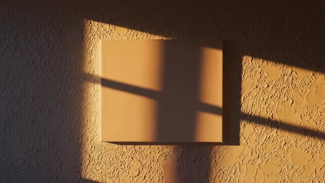 Intense time-lapse showing the geometric shadow of a window frame slowly sweeping across a textured white wall and a hanging blank art canvas over a full day cycle background, bright, textured