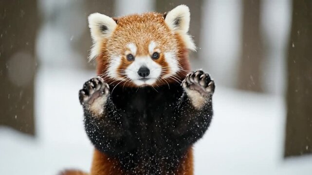 Red Panda Standing on Hind Legs in Snow