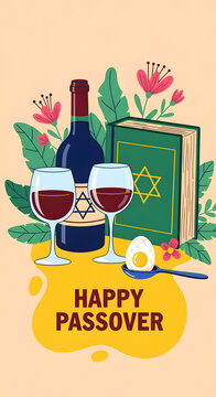 Happy passover celebration with wine and traditional elements