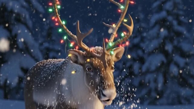 Reindeer with Christmas lights tangled in antlers standing in snow at night