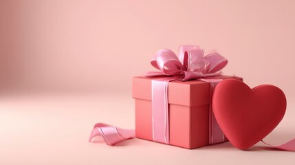 Fototapeta premium Valentine's Day Mother's Day 3D rendering background red heart gift box pink ribbon, pastel backdrop bright light volumetric high res poster wallpaper material