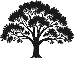 Obraz premium Detailed, black, silhouette, of, a, large, oak, tree, with, spreading, branches, and, leaves, for, nature, forest, landscape, garden, environment, and, design.