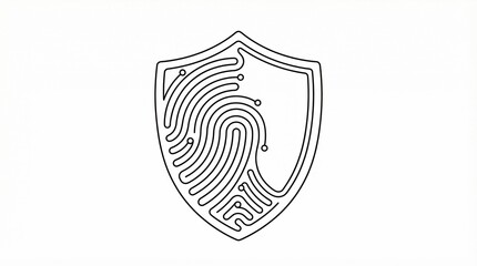 Cybersecurity shield icon with biometric fingerprint and digital circuit board pattern, minimalist line art style