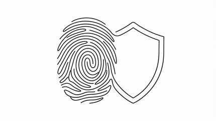 Cybersecurity shield icon with biometric fingerprint and digital circuit board pattern, minimalist line art style