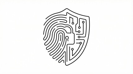 Cybersecurity shield icon with biometric fingerprint and digital circuit board pattern, minimalist line art style