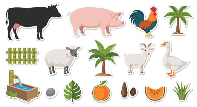 A comprehensive collection of cute farm animal and tropical plant stickers for educational or design projects.