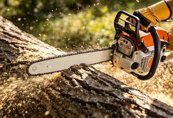 Fototapeta premium Close-up of a person in protective gloves operating a powerful orange chainsaw to cut a thick log, creating a shower of sawdust in bright sunlight.