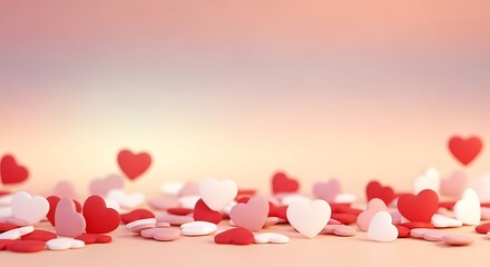 Pink heart confetti scattered on soft pastel background for love celebration