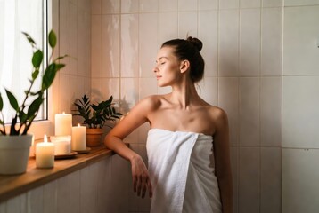 Woman relaxing in bathroom with candles and plants, natural light streaming