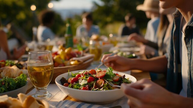 An outdoor picnic setting with friends enjoying a wide array of vitamin-rich foods, promoting socializing and healthy eating habits to reduce the risk of avitaminosis in a joyful environment.