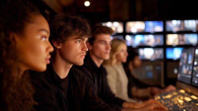 Producers analyze scenes on large steadicam screens during post-production, highlighting the critical evaluation process necessary for delivering polished and captivating films to audiences.