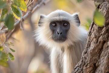 Fototapeta premium Primate Observing Quietly from Tree Branch in Natural Habitat Landscape