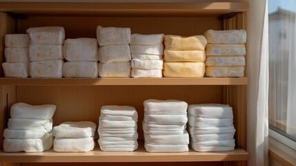 A busy nursery features a shelf stocked with disposable baby diapers, demonstrating their practicality and effectiveness for parents managing the challenges of diaper changes throughout the day.
